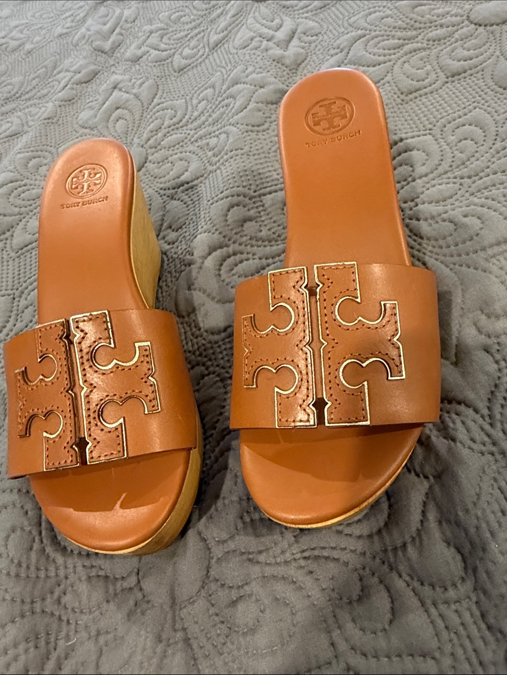 Tory Burch Cognac Leather Logo Slide Wedges